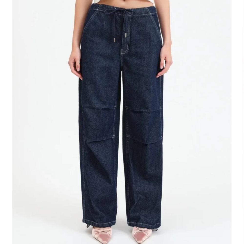 $108 DAZE Jetset Jogger Drawcord Pants Deep Dark Denim Jeans Barrel Wide Leg 27